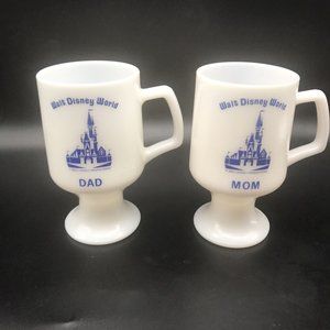 Vintage Walt Disney World Milk Glass Coffee Mug Pedestal MOM & DAD Set